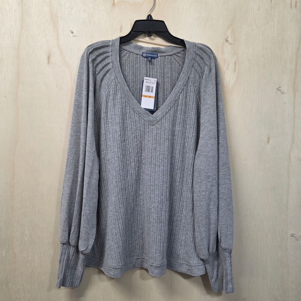 Democracy Ribbed V-Neck Balloon Sleeve Rhinestone Cuff Top Gray Plus 3X NWT